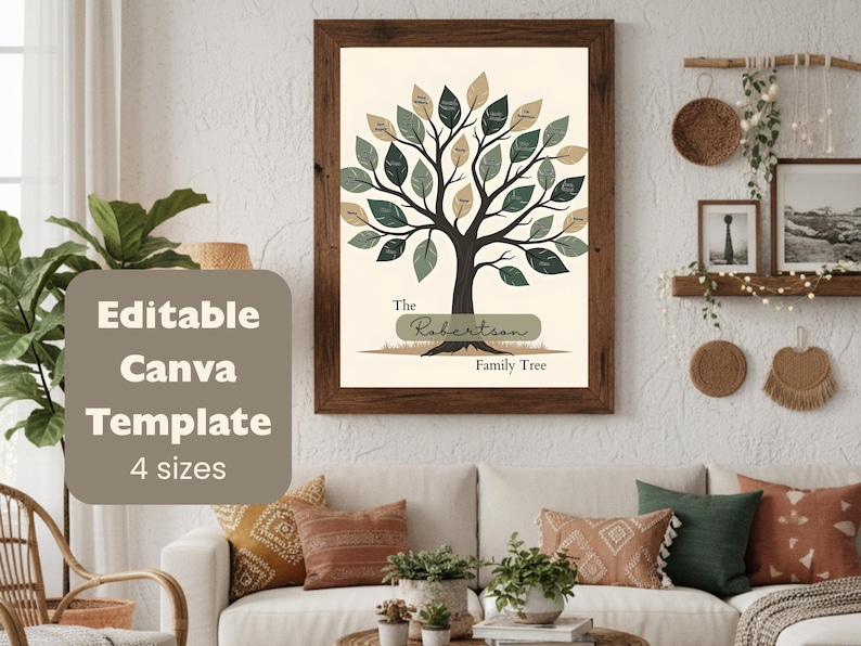 Editable Family Tree Template for Canva | Modern Family Tree Printable ...