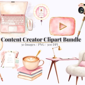 Puede incluir: Ilustración en acuarela de un espacio de trabajo de creador de contenido, con un portátil rosa, una cámara, una luz de anillo y café. Incluye el texto "Content Creator Clipart Bundle".