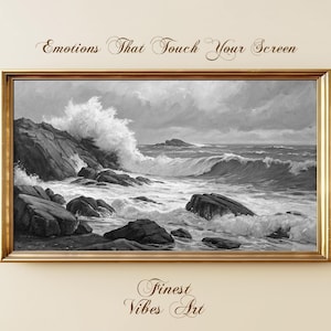 Puede incluir: Obra de arte enmarcada en blanco y negro que representa un paisaje marino con olas rompiendo contra rocas. La obra está en un marco dorado e incluye el texto "Emotions That Touch Your Screen" y "Finest Vibes Art".