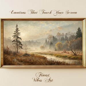 May include: A framed painting of a misty forest scene with a river winding through it. The painting is in a gold frame and has a light brown background. The text "Emotions That Touch Your Screen" is above the painting and the text "Finest Vibes Art" is below the painting.