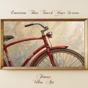 Puede incluir: Pintura enmarcada de una bicicleta roja con un asiento y neumáticos marrones. La bicicleta está sobre un fondo neutro con el texto "Emotions That Touch Your Screen" y "Finest Vibes Art". La obra de arte está en un marco dorado.