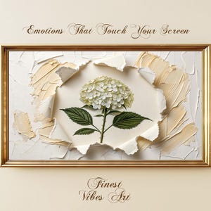 Cornice con fiori di ortensia bianca, decorazione per TV, carta strappata con texture botanica, elegante decorazione floreale per TV digitale Samsung in stile cottagecore