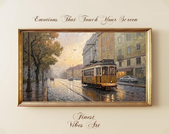 Illustrazione di un tram in una città piovosa per Samsung Frame TV: Paesaggio urbano europeo vintage (Download digitale)