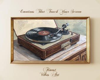 May include: A framed painting of a vintage record player. The record player is brown with a black record on the turntable. The painting has a gold frame and the text "Emotions That Touch Your Screen" and "Finest Vibes Art".