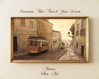 Arte sui tram di Lisbona, scene di strada portoghesi d'epoca, arte di viaggio europea, città vecchia dai toni caldi