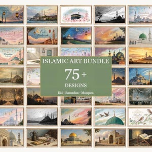 Puede incluir: Una colección de láminas de arte islámico enmarcadas con mezquitas, paisajes y caligrafía. El conjunto de arte incluye más de 75 diseños con temas de Eid, Ramadán y mezquitas. Las láminas son de varios estilos y colores.