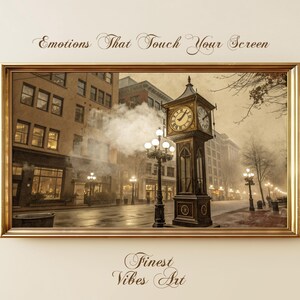 Gastown Steam Clock Art, Moody Sepia Vancouver Street Scene, Vintage Foggy Cityscape