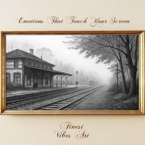 May include: Black and white framed print of a train station scene. The artwork depicts a vintage train station with tracks leading into a foggy distance. The words "Emotions That Touch Your Screen" and "Finest Vibes Art" are written on the image.