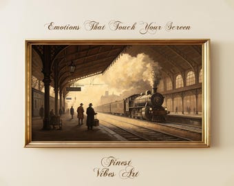 Può includere: Una stampa incorniciata in stile vintage di una stazione ferroviaria con un treno a vapore. L'opera presenta una tavolozza di colori seppia, con il testo "Emotions That Touch Your Screen" e "Finest Vibes Art".