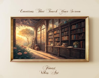 May include: A painting of a sunlit library with a large window and a bookshelf filled with books. The painting is framed in gold and has the text "Emotions That Touch Your Screen" above it and "Finest Vibes Art" below it.