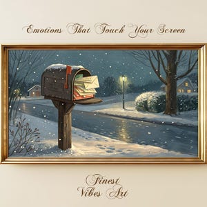 May include: Framed artwork depicting a winter scene with a mailbox overflowing with letters. Snow falls on the road and surrounding landscape. The artwork is framed in a gold-colored frame. Text at the top reads "Emotions That Touch Your Screen" and at the bottom "Finest Vibes Art."