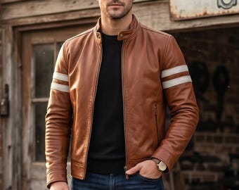 Men's Genuine Sheepskin Leather Jacket  Vintage Brown Cafe Racer Biker Jacket with White Stripes