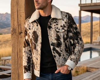 Herenjas van leer met haar op de huid - Western Tracker-jas van rundleer - Handgemaakte jas met koeienprint