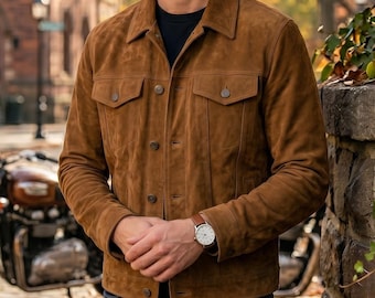 Men's Brown Suede Leather Trucker Jacket Vintage Style Winter Leather Jacket
