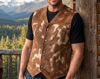 Men's Hair On Hide Leather Vest | Handmade Brown White Western Cowboy Waistcoat