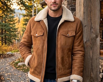 Men's Brown Real Suede Leather Jacket with Faux Fur Lining | Sherpa Collar Winter Coat