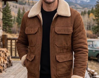 Men's Brown Sheepskin Leather Trucker Jacket with Faux Fur Collar Cuffs Winter Casual Jacket