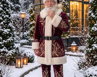 Burgundy Velvet Santa Suit | Golden Embroidery Father Christmas Costume, Faux Fur Trim