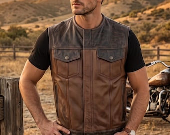 Men Distressed Brown Leather Motorcycle Vest, Perforated Biker Riding Leather Vest