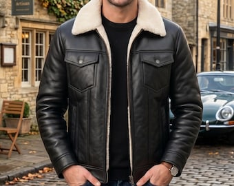 Men's Black Real Sheepskin Leather Jacket | Faux Fur Lined Aviator Coat with Shearling Collar