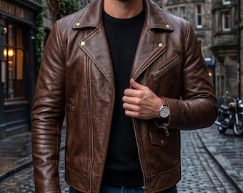 Men's Brown Sheepskin Leather Biker Jacket – Cafe Racer Biker Moto Coat
