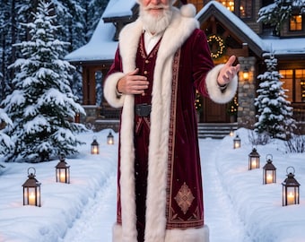 Burgundy Velvet Santa Suit: Gold Embroidery, Faux Fur Trim, Professional Costume