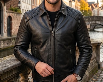 Men's Real Sheepskin Black Leather Jacket Winter Moto Coat Quilted Shoulder Biker Jacket