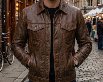 Men's Vintage Brown Leather Trucker Jacket | Sheepskin Casual Winter Jacket