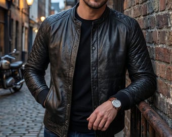 Men's Black Real Sheepskin Leather Jacket | Quilted Shoulder Biker Jacket | Casual Winter Coat
