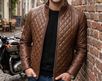 Men's Brown Quilted Leather Jacket  100% Genuine Sheepskin Cafe Racer Moto Jacket