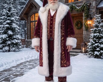 Luxury Velvet Santa Suit, Golden Embroidery, Faux Fur Trim, Professional Father Christmas Costume