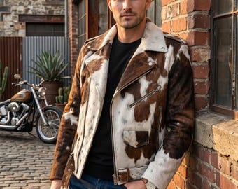 Herenjack van rundleer met haren, western bikerjack met koeienprint, cowboystijl