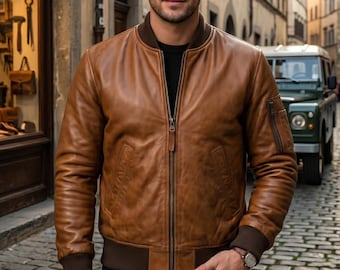 Men's Real Sheepskin Leather Bomber Jacket | Tan Brown Aviator Flight Jacket
