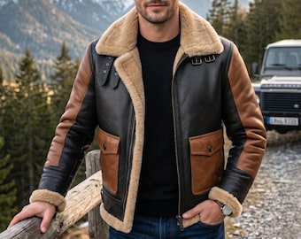 Men's Real Sheepskin Aviator Jacket  Two-Tone Leather Bomber Coat | Faux Fur Lined