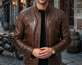Men's Vintage Brown Cafe Racer Leather Jacket  Real Sheepskin Biker Jacket with Quilted Shoulders