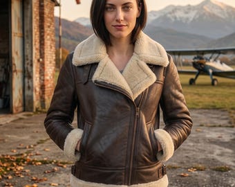 Women's Genuine Sheepskin Leather Aviator Biker Jacket – Dark Brown Faux Fur Lined Coat
