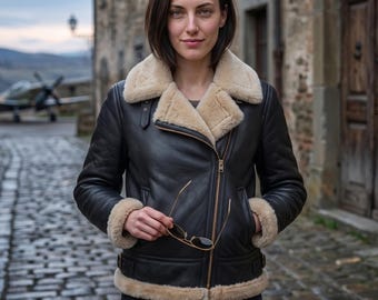Women's Genuine Sheepskin Leather B3 Aviator Shearling Jacket, Winter Faux Fur Coat