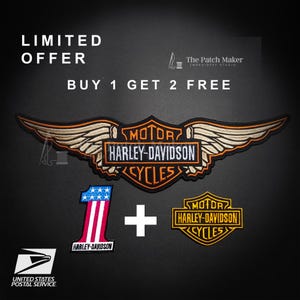 May include: An assortment of Harley-Davidson patches. The main patch features a winged design with the text "MOTOR HARLEY-DAVIDSON CYCLES." Additional patches include a number one with stars and stripes and a smaller Harley-Davidson logo. The image also includes the text "LIMITED OFFER BUY 1 GET 2 FREE."
