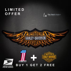May include: Black and orange Harley-Davidson Cycles embroidered patch with a wing design. The image also includes a patch with the number one in red, white, and blue, plus a small Harley-Davidson patch. Text reads "LIMITED OFFER" and "BUY 1 GET 2 FREE".