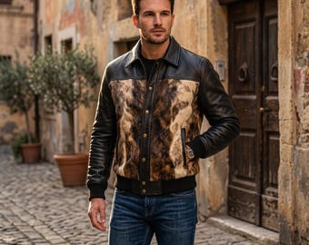 Heren leren jas met vacht, luxe rundleer bomberjack, western rodeo-stijl