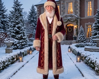 Luxury Burgundy Velvet Santa Suit with Gold Embroidery & Fur  Father Christmas Costume