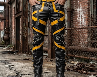 Gotiska läderbyxor för män, gulrandiga cyberpunk-bikerbyxor, punkrockbyxor med spänne