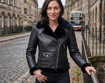 Women's Genuine Sheepskin Leather Aviator Jacket, Faux Fur Lined Biker Coat