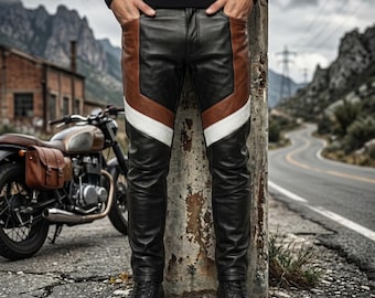 Men's Color-Block Leather Motorcycle Pants – Black, Brown, White V-Panel Biker Trousers