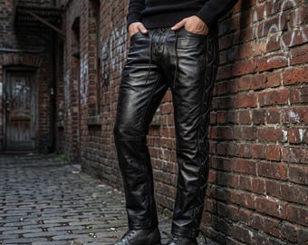 Svarta läderbyxor med snörning för män | Bikerpunkrockstil | Steampunk Goth-byxor