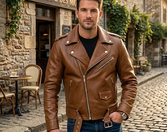 Men's Tan Brown Genuine Sheepskin Biker Jacket Outwear Motorcycle Leather Jacket