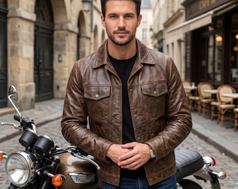 Men's Distressed Brown Sheepskin Leather Trucker Jacket | Cafe Racer Motorcycle Jacket