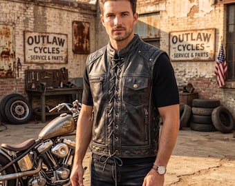 Men's Genuine Leather Biker Vest – Front Lace-Up, Diamond Quilted Shoulders