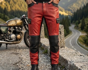 Handgjorda röda och svarta lädermotorcykelbyxor - Biker Cargobyxor - Ribbade knän