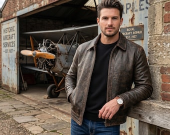 Men's Distressed Brown Sheepskin Leather Aviator Jacket | Street Fashion Casual Jackets